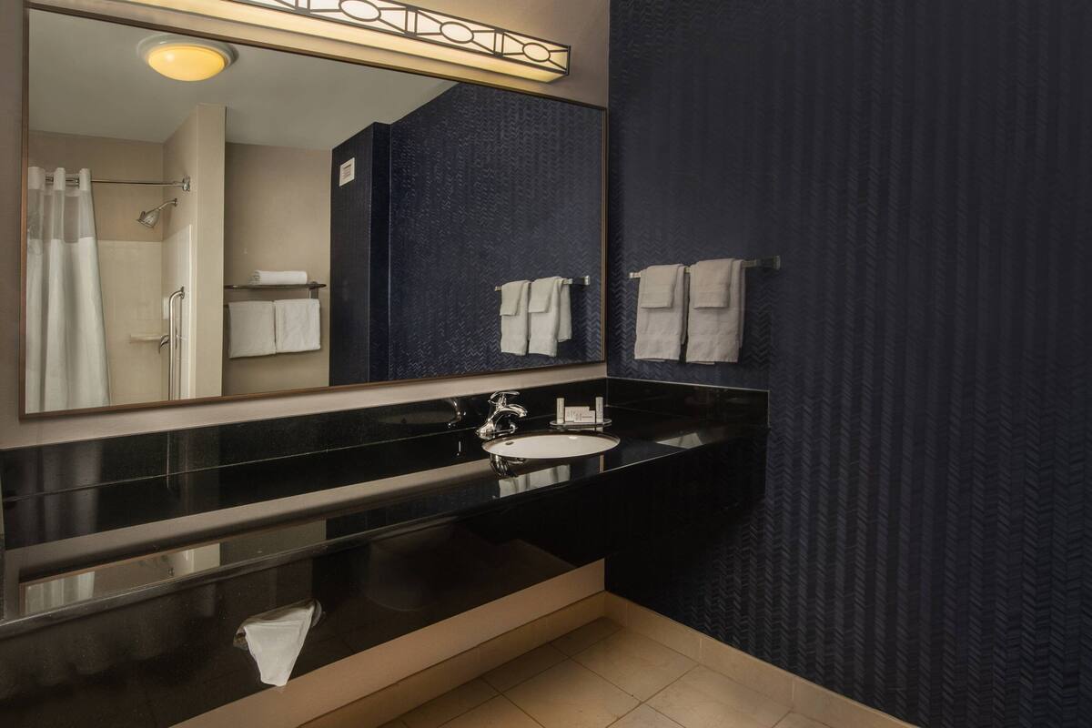 combined shower/bathtub, free toiletries, hair dryer, towels