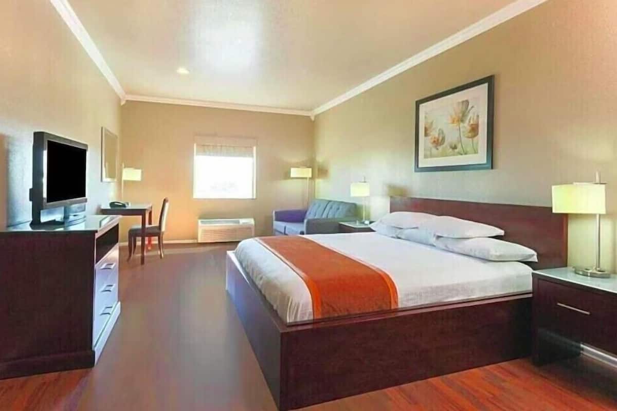 A hotel room with a bed, a desk, a television, and a chair.