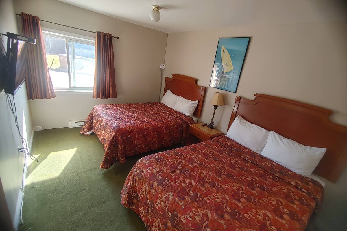 Une chambre d’hôtel avec deux lits simples, une fenêtre avec des rideaux, un luminaire au plafond et un tableau accroché au mur.
