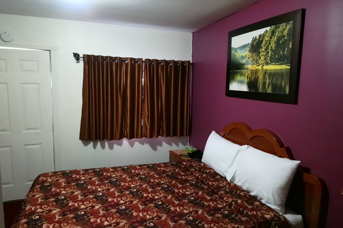 Une chambre à coucher avec un lit, une fenêtre avec des rideaux, un tableau accroché au mur et une porte.