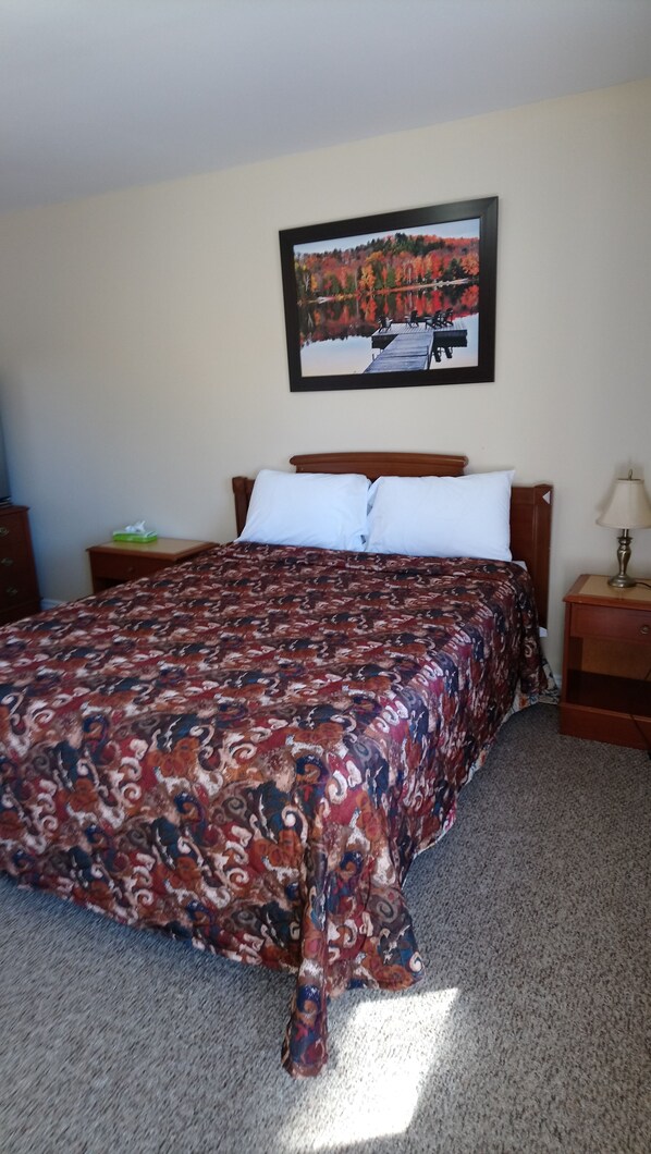 Una habitación de hotel con una cama, una mesita de noche, una lámpara, un cuadro enmarcado en la pared y piso alfombrado.