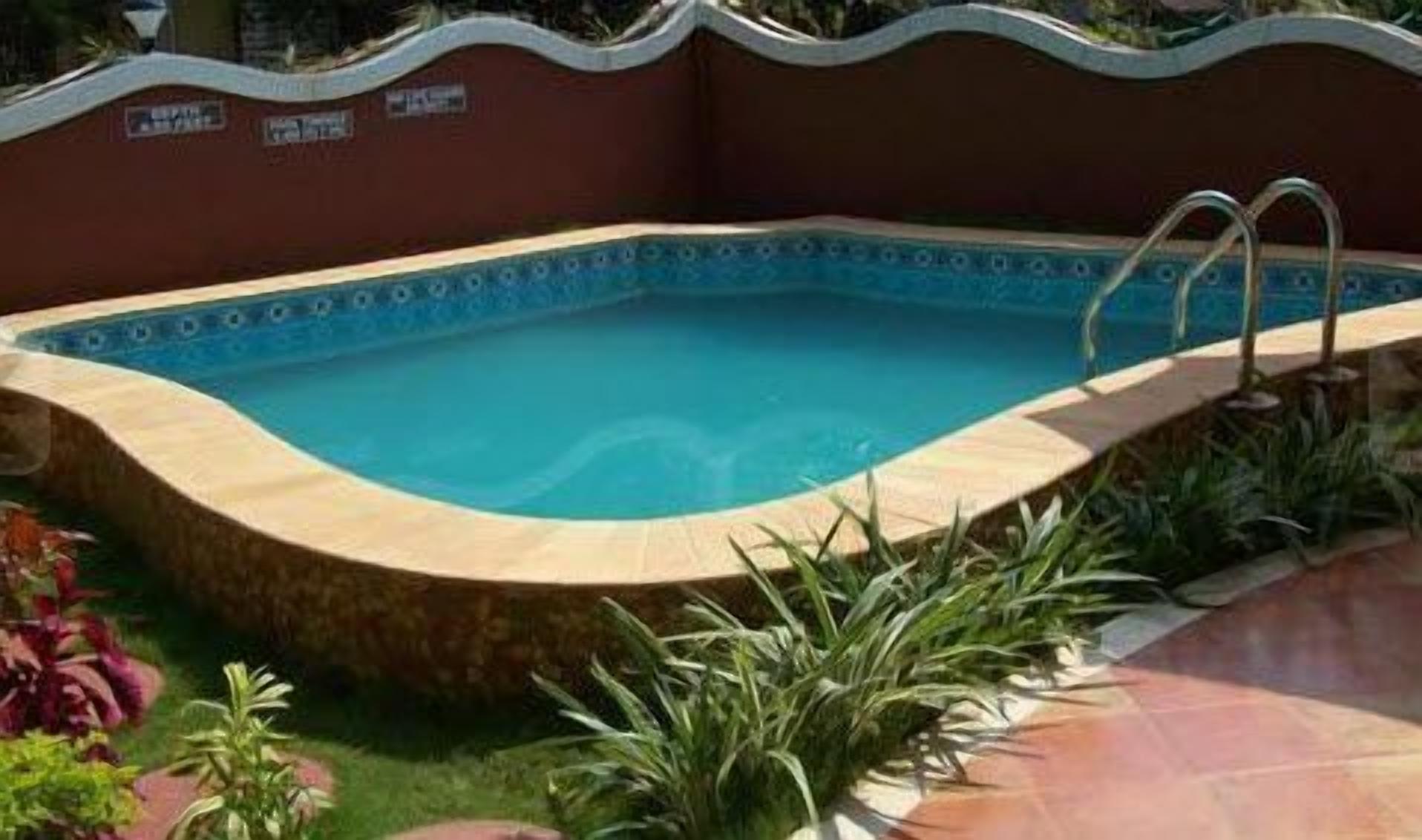 Une piscine à bordures courbes, entourée d’une terrasse carrelée et agrémentée de diverses plantes.