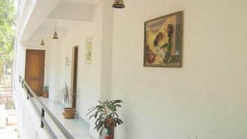 Un pasillo con plantas en macetas, un cuadro en la pared y una puerta de madera al final.
