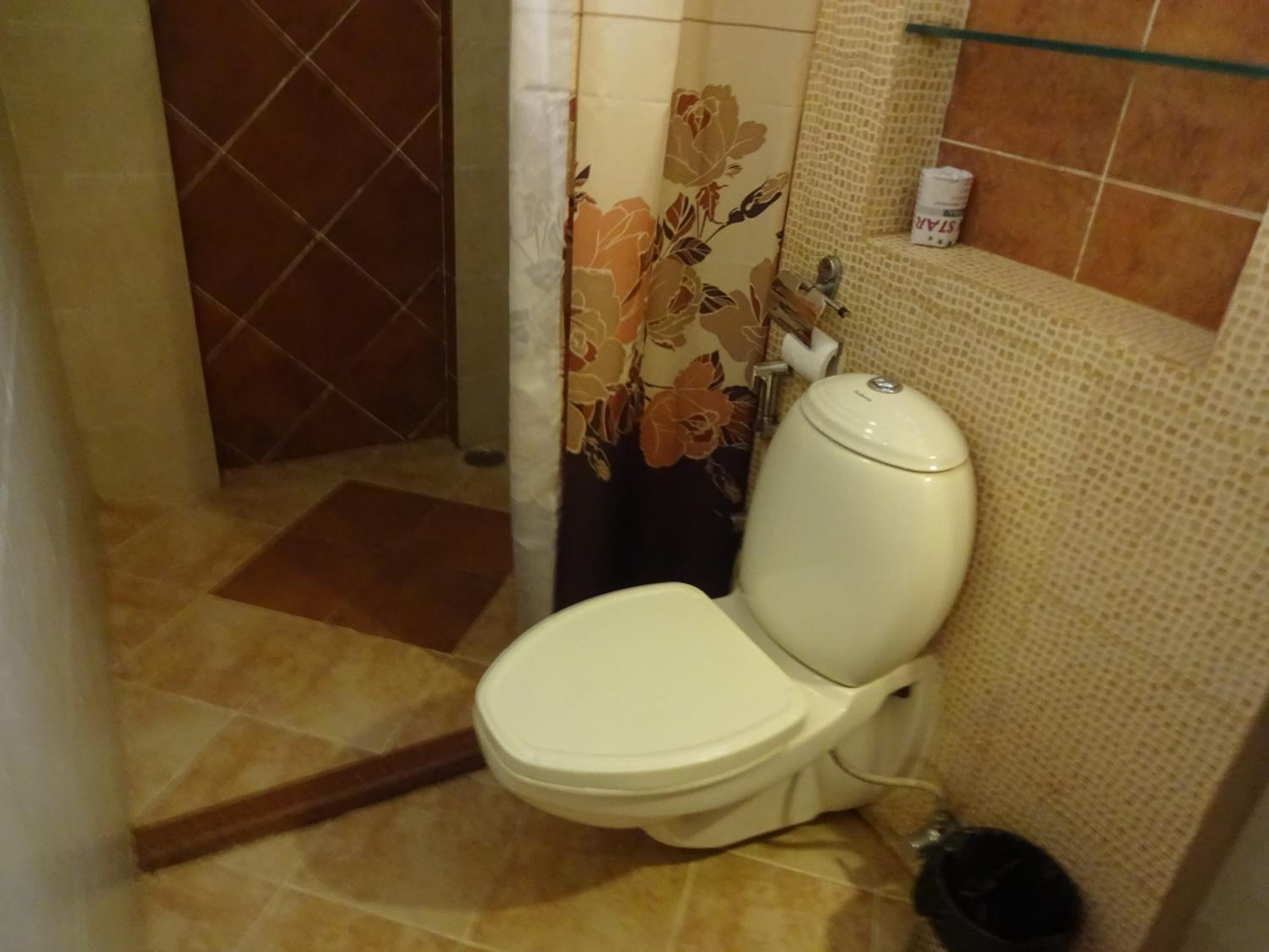 Une salle de bain avec des toilettes, un rideau de douche orné de motifs floraux et un carrelage au sol.