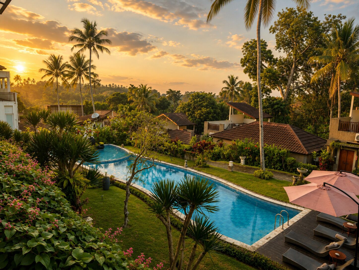 Una piscina rodeada de exuberante vegetación y palmeras, con un atardecer de fondo.