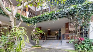 A courtyard with a staircase leading to a reception area, surrounded by lush greenery and a tree with hanging vines. - Ashoka Tree Resort at Tanggayuda, Ubud (Ubud)