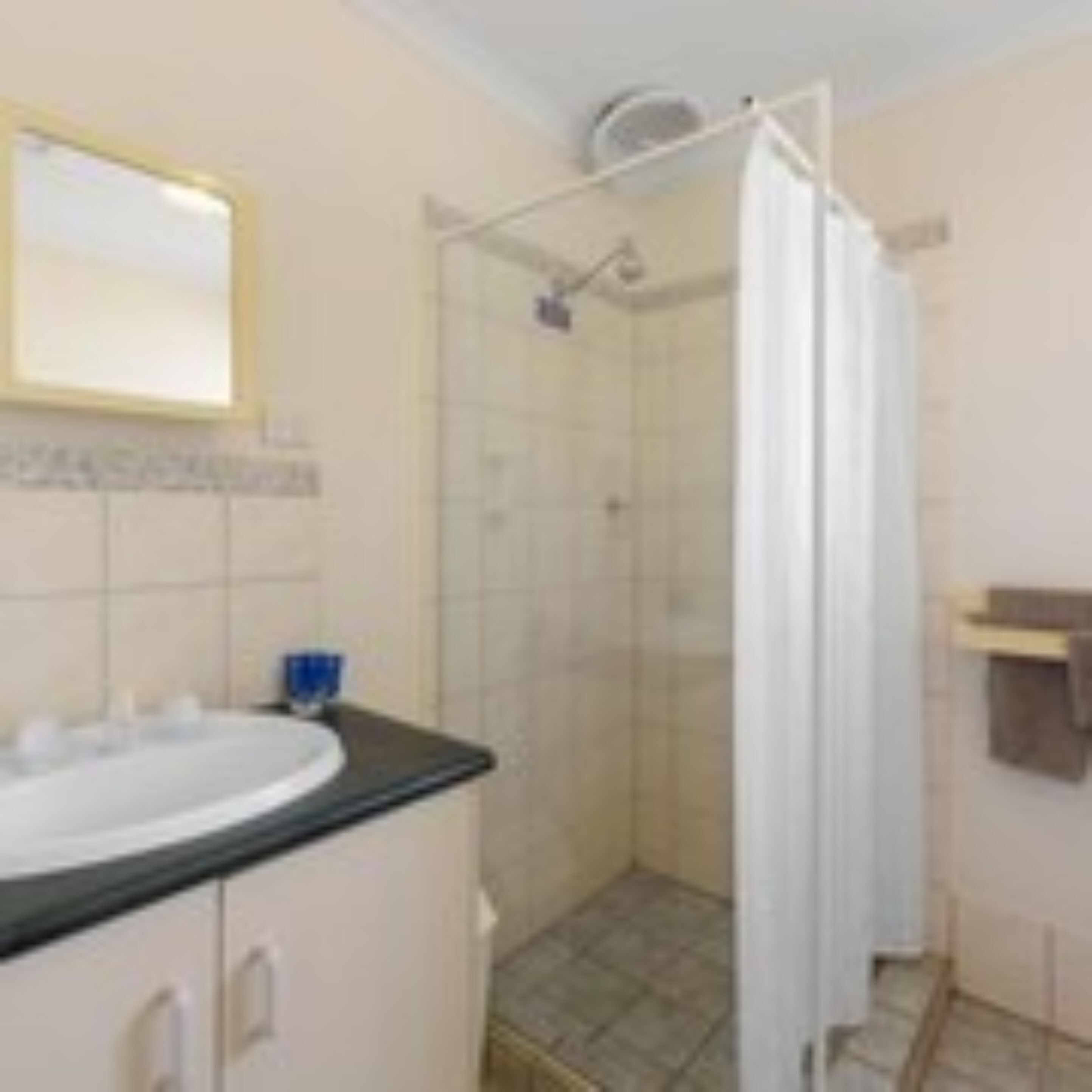 A bathroom with a shower, a sink, and a mirror.