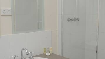 A bathroom with a white sink, a mirror, and a glass-enclosed shower.