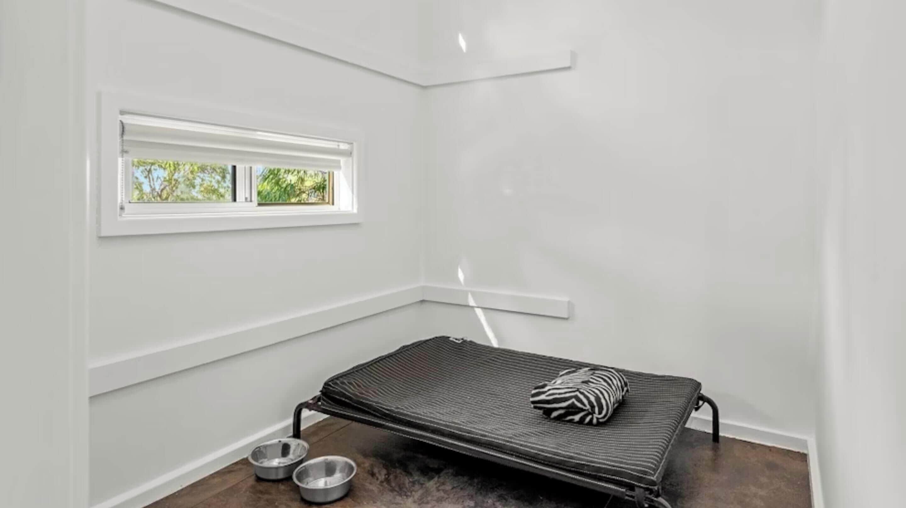 A small, white room with a single window, a foldable bed with a zebra-patterned pillow, and two metal bowls on the floor.