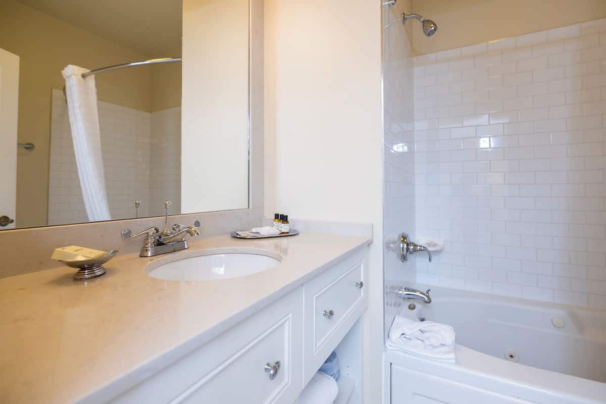 combined shower/bathtub, free toiletries, hair dryer, bathrobes