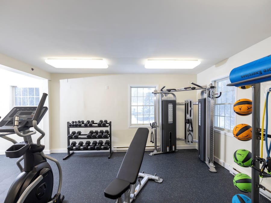 Une salle de sport équipée de matériel d’exercice, d’haltères et de ballons de gymnastique.