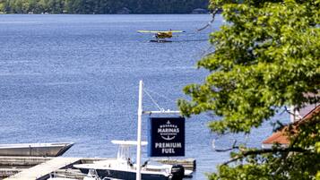 A seaplane on water, a dock with boats, and a sign for Husqvarna Marinas Premium Fuel.