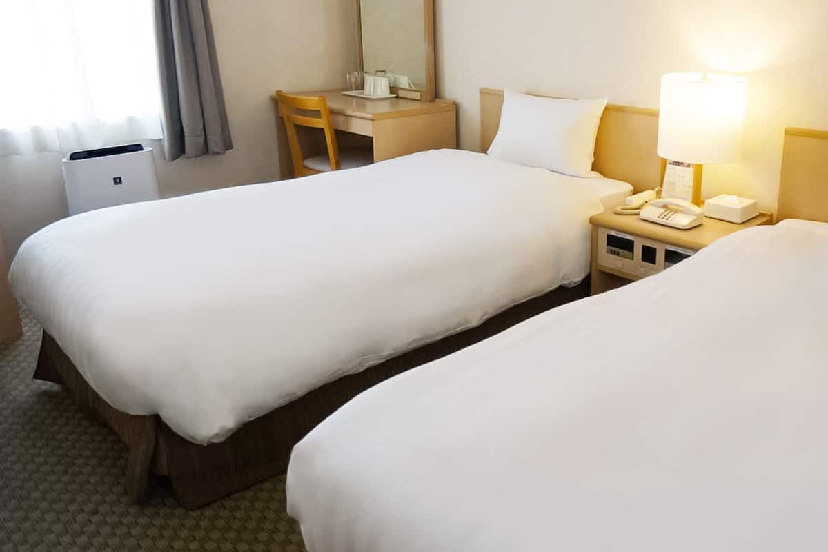 Habitación de hotel con dos camas individuales, un escritorio con silla, una mesita de noche con lámpara y un cubo de basura.