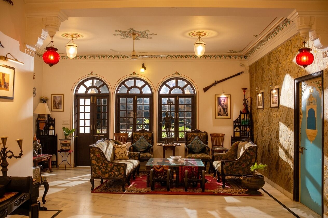 Una habitación tradicional con chimenea, ventanas arqueadas y un comedor con mesa y sillas.