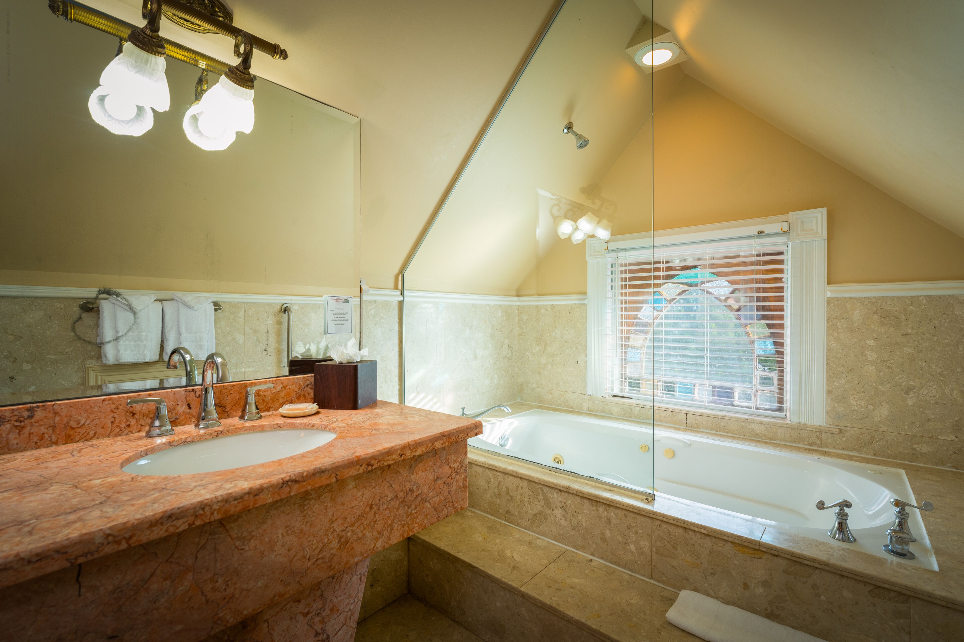 A bathroom with a double sink, a bathtub, and a large mirror.