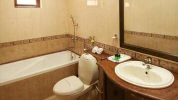 Shower, free toiletries, hair dryer, towels