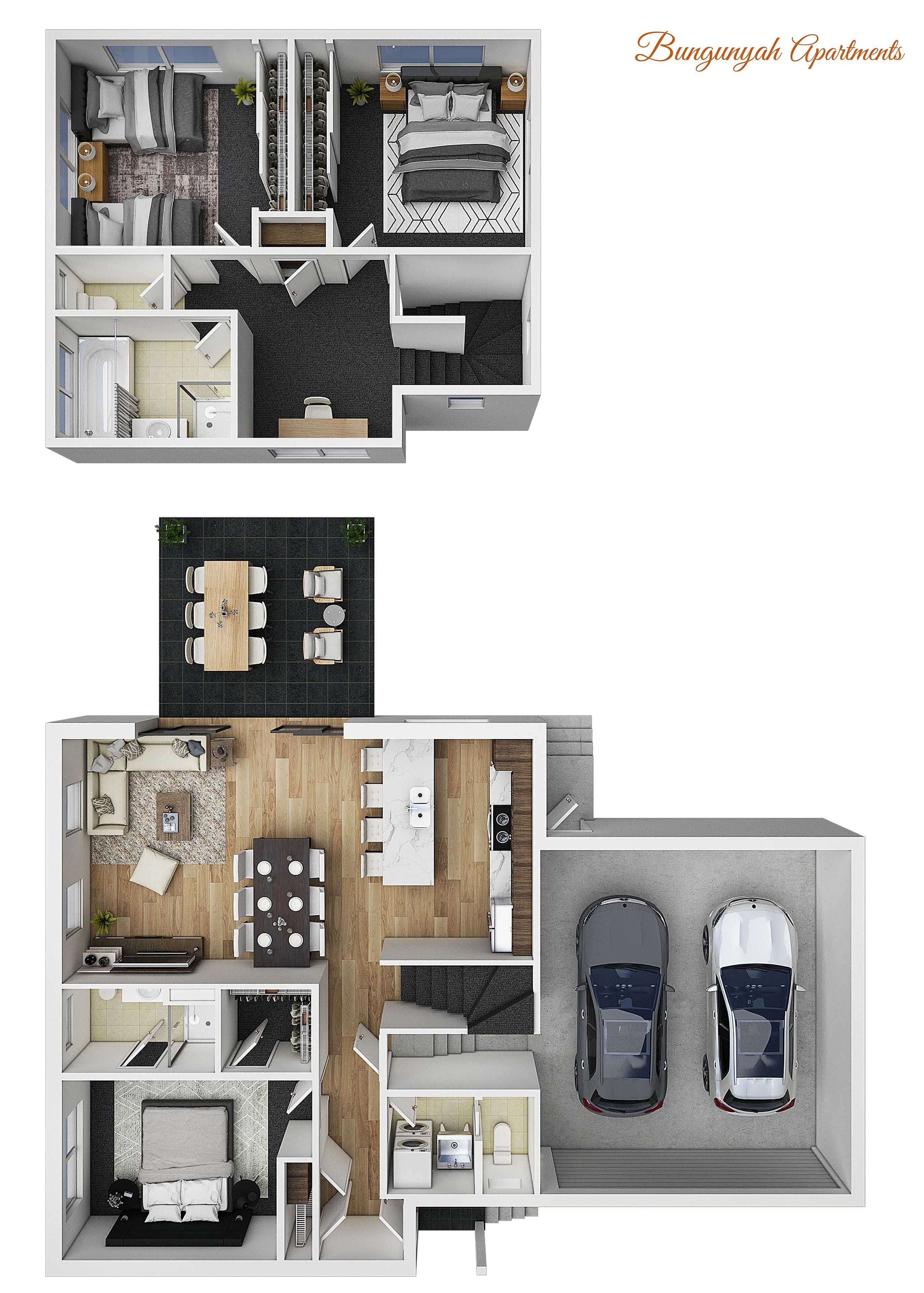 A 2-story apartment layout with a bedroom, bathroom, kitchen, dining area, and parking space.