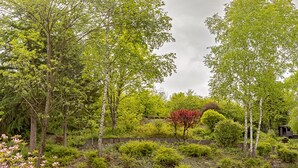 A landscaped garden with various trees and shrubs, a wooden fence, and a small structure in the background. - Hostellerie Val Fleuri (Mersch)