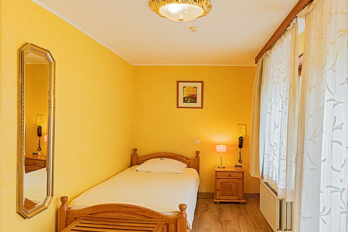 A hotel room with a wooden bed, a bedside table with a lamp, a nightstand with a phone, a mirror, and a radiator.