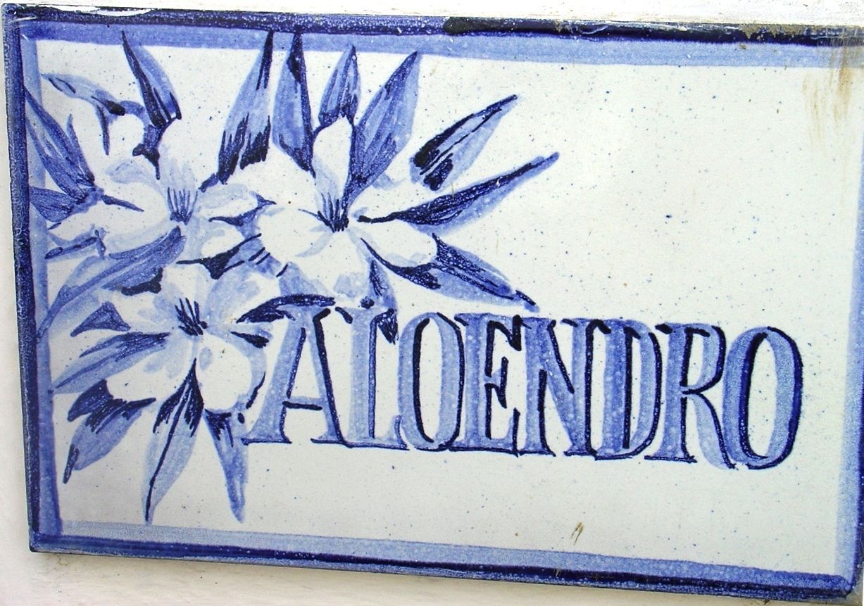 A ceramic tile with the word "Aloendro" and a floral design.