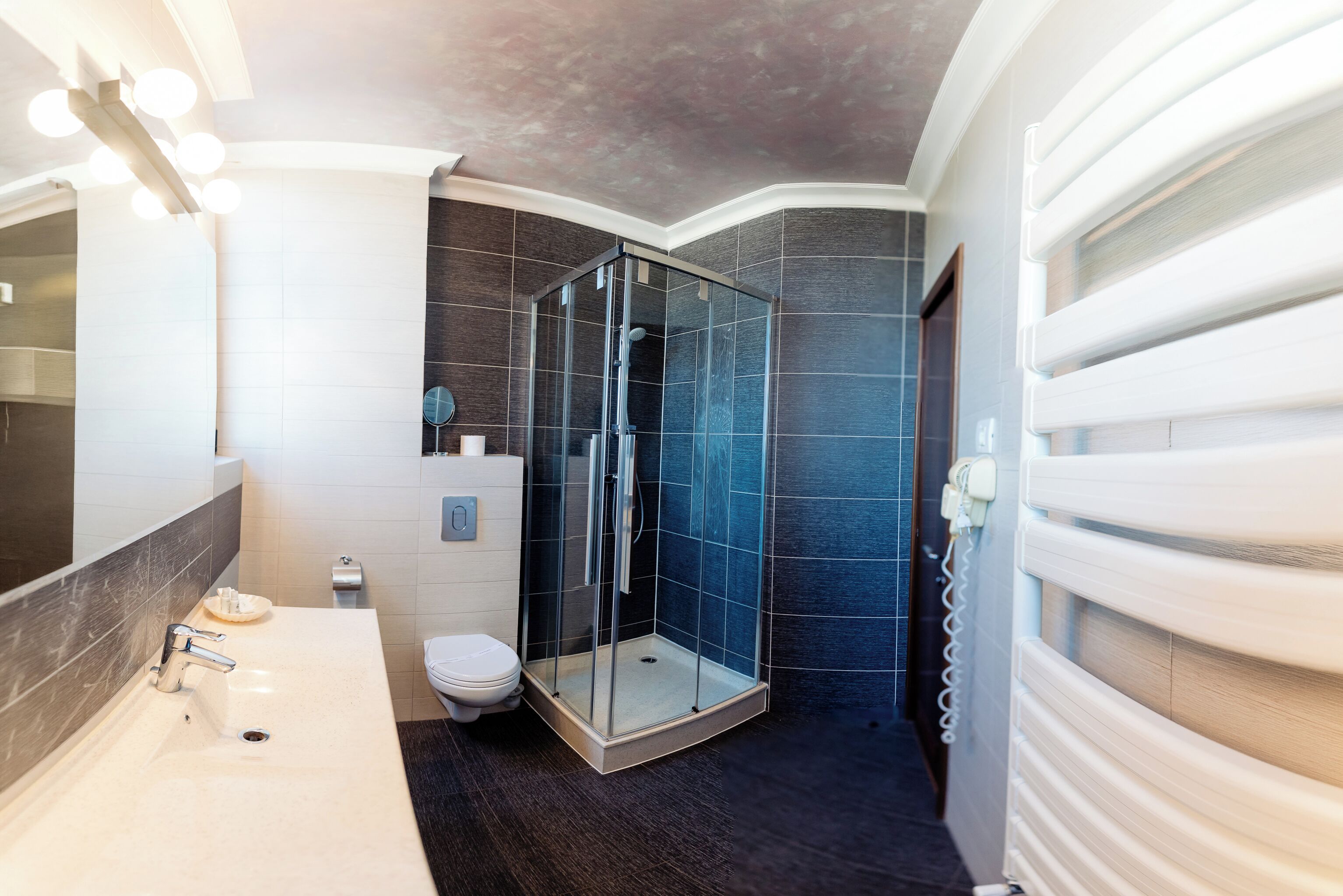A modern bathroom with a glass-enclosed shower, a white sink, and a toilet.
