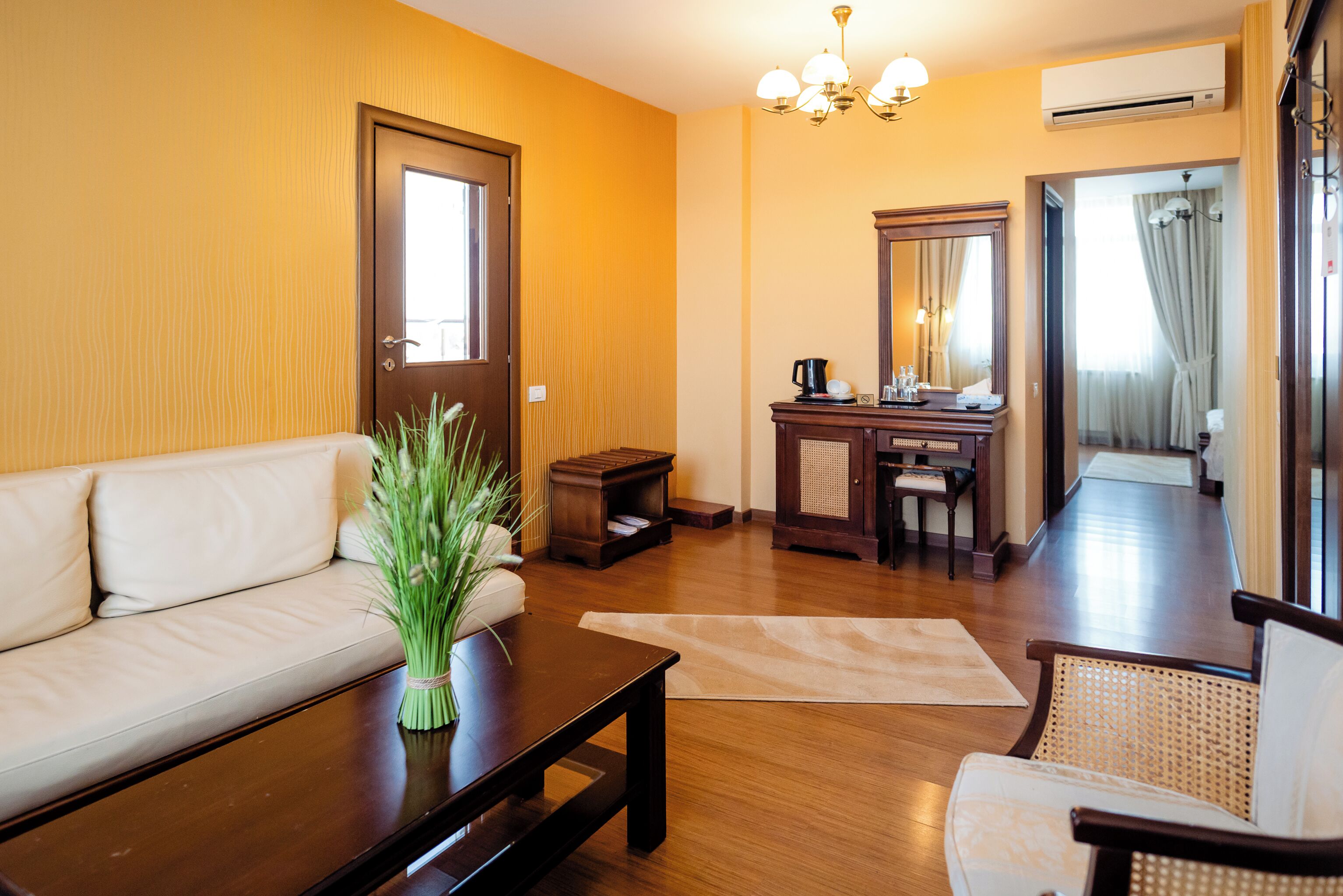 A living room with a sofa, a coffee table, a dining table, and chairs. There is a mirror, a small cabinet, and a potted plant.