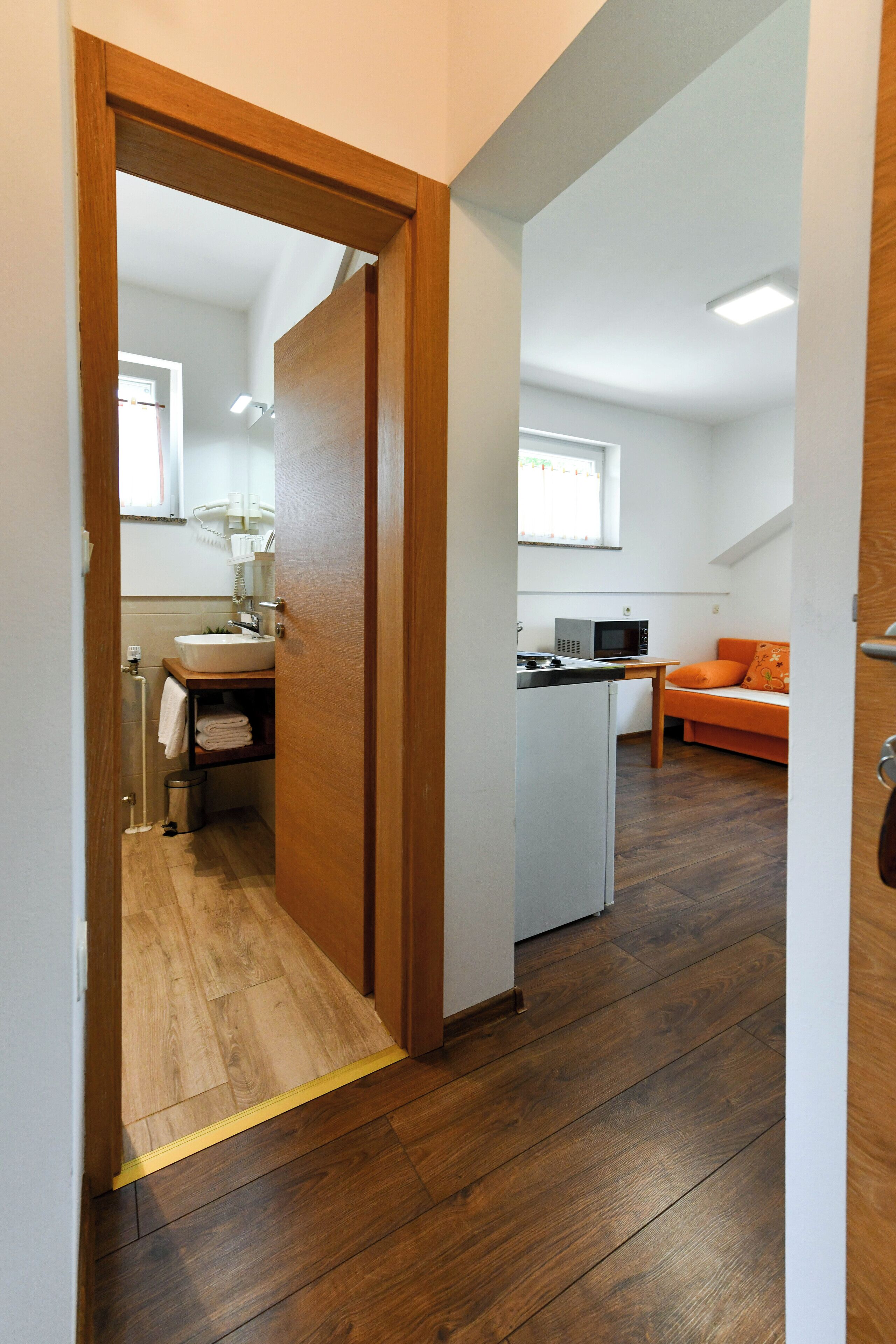 A compact living space with a kitchenette, a small bathroom, and a seating area with a sofa.