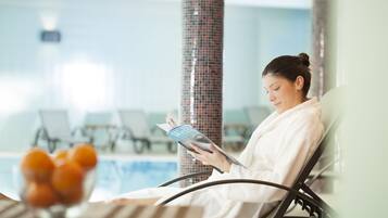 2 indoor pools, seasonal outdoor pool, pool umbrellas, sun loungers