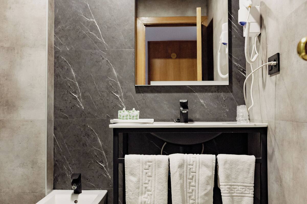 deluxe twin room | bathroom | free toiletries, hair dryer, bidet, towels