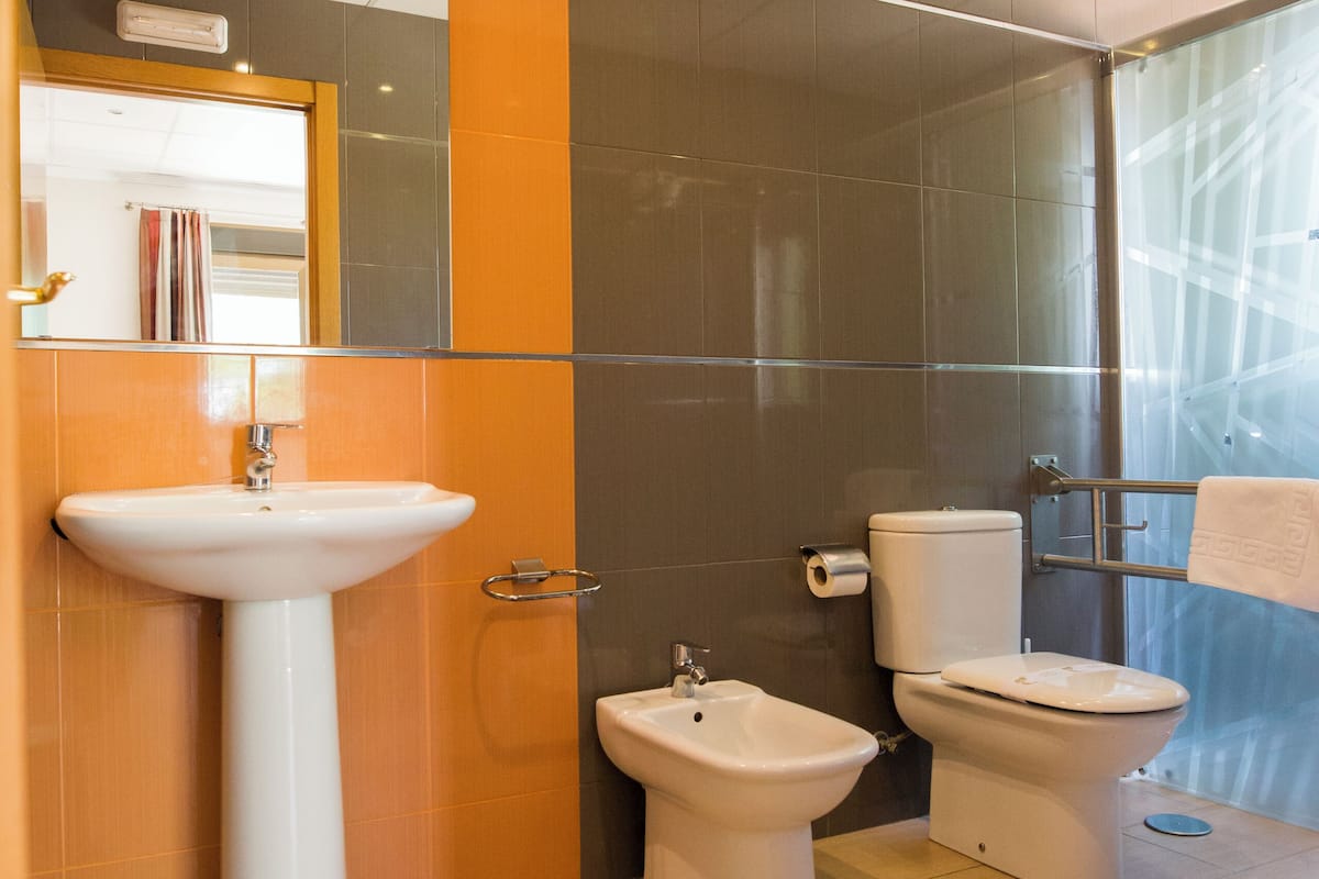 free toiletries, hair dryer, bidet, towels