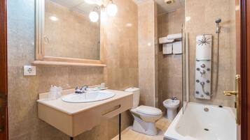 Hair dryer, bidet, towels