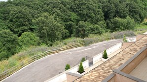 Un área residencial con una calle pavimentada, una ladera con vegetación densa y un edificio con techo de tejas y un pequeño jardín.