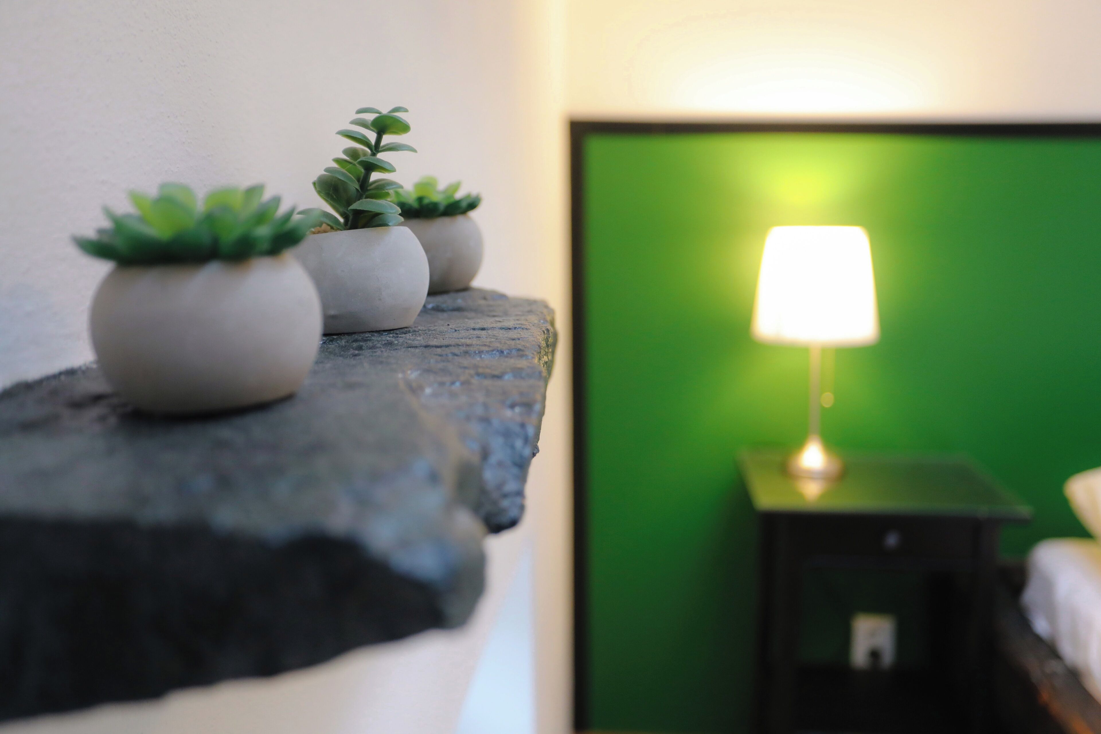 Een bed met een groene muur, een nachtkastje met een lamp en drie potplanten op een rots.