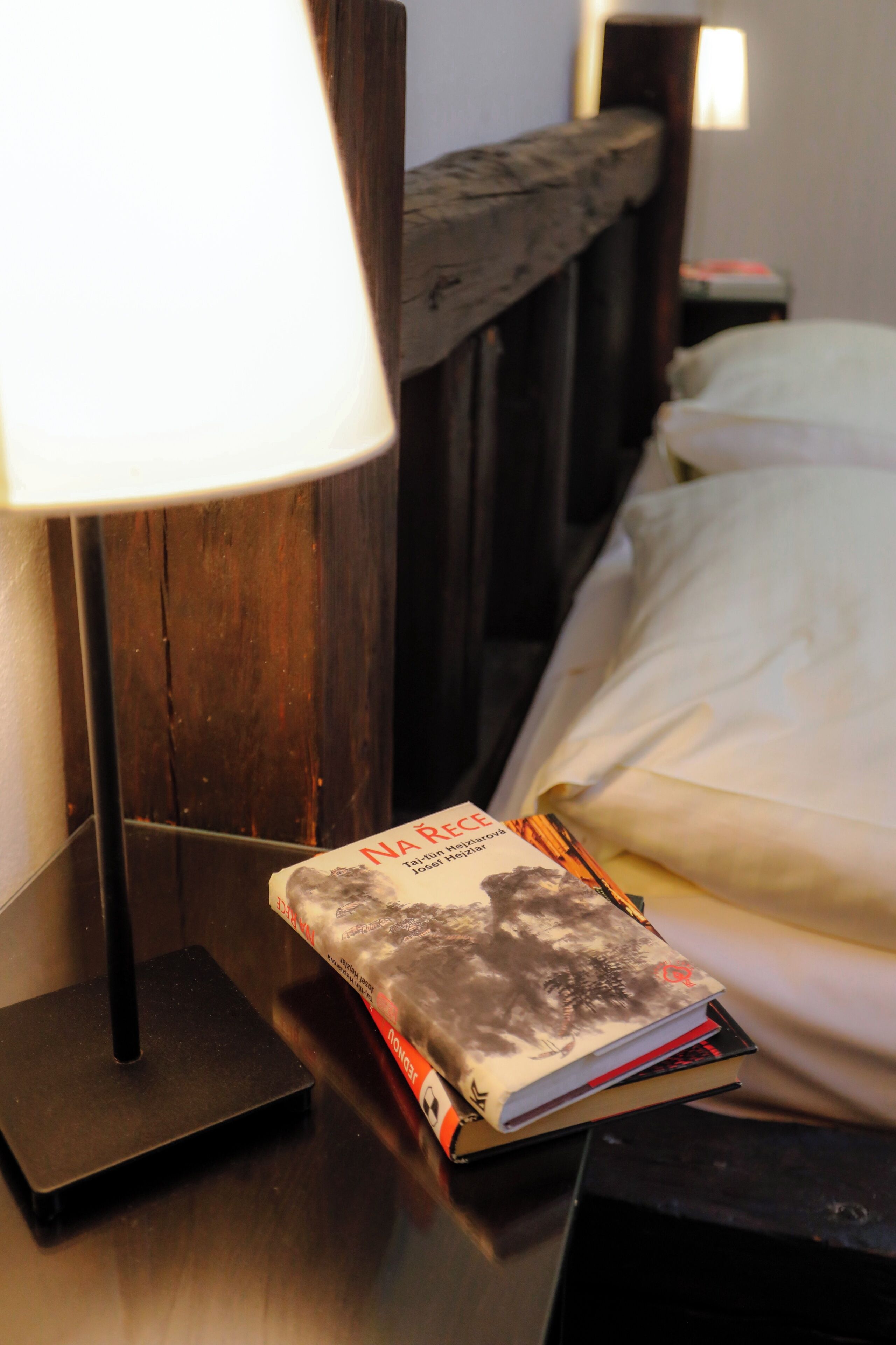 A bed with a white sheet, a bedside lamp, and a book titled 'NA RECE' on a wooden nightstand.