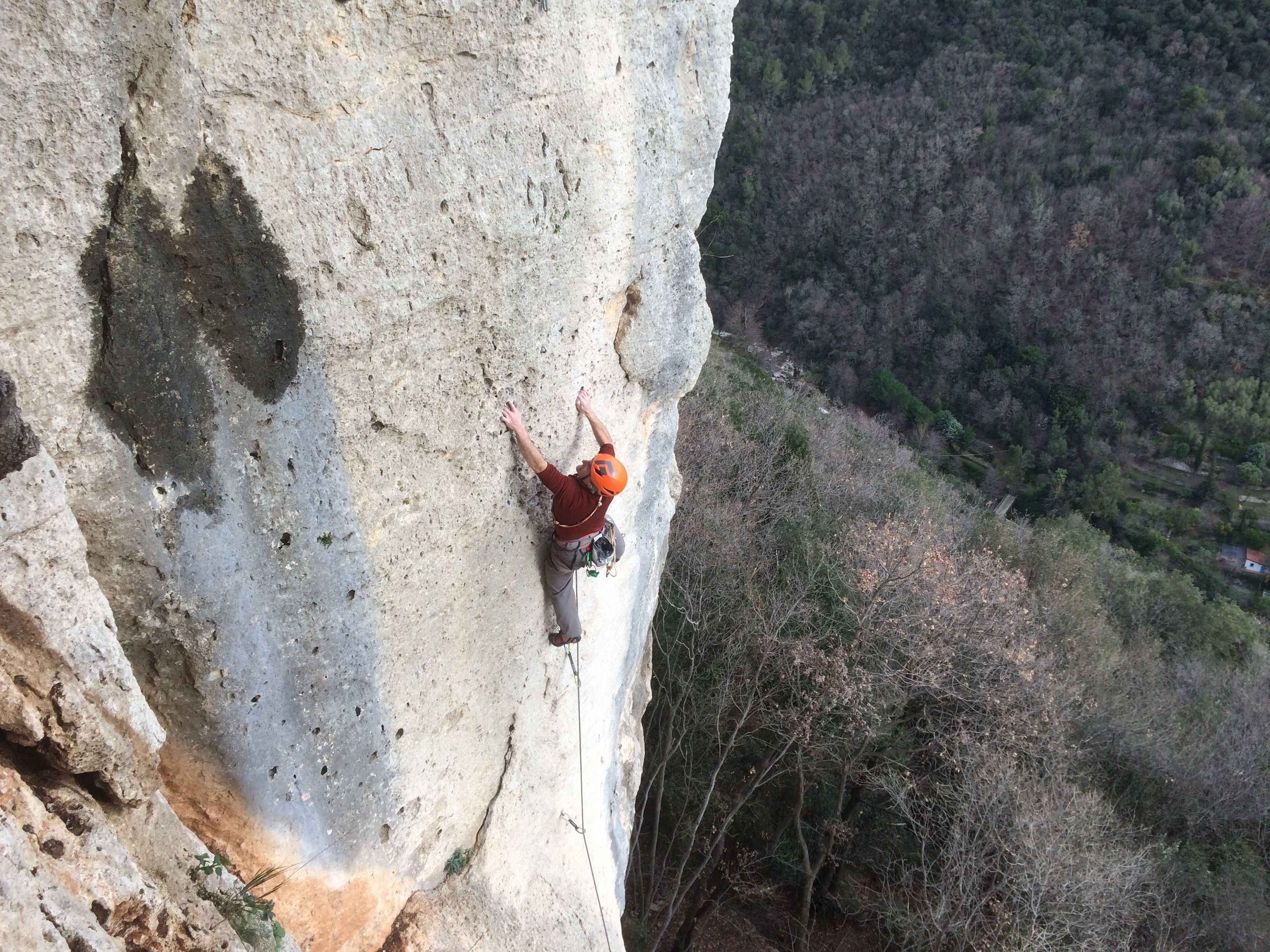 A person rock climbing a steep cliff with a forested valley in the background.