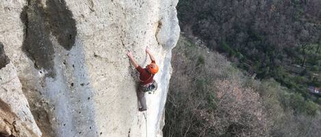 A person rock climbing a steep cliff with a forested valley in the background.