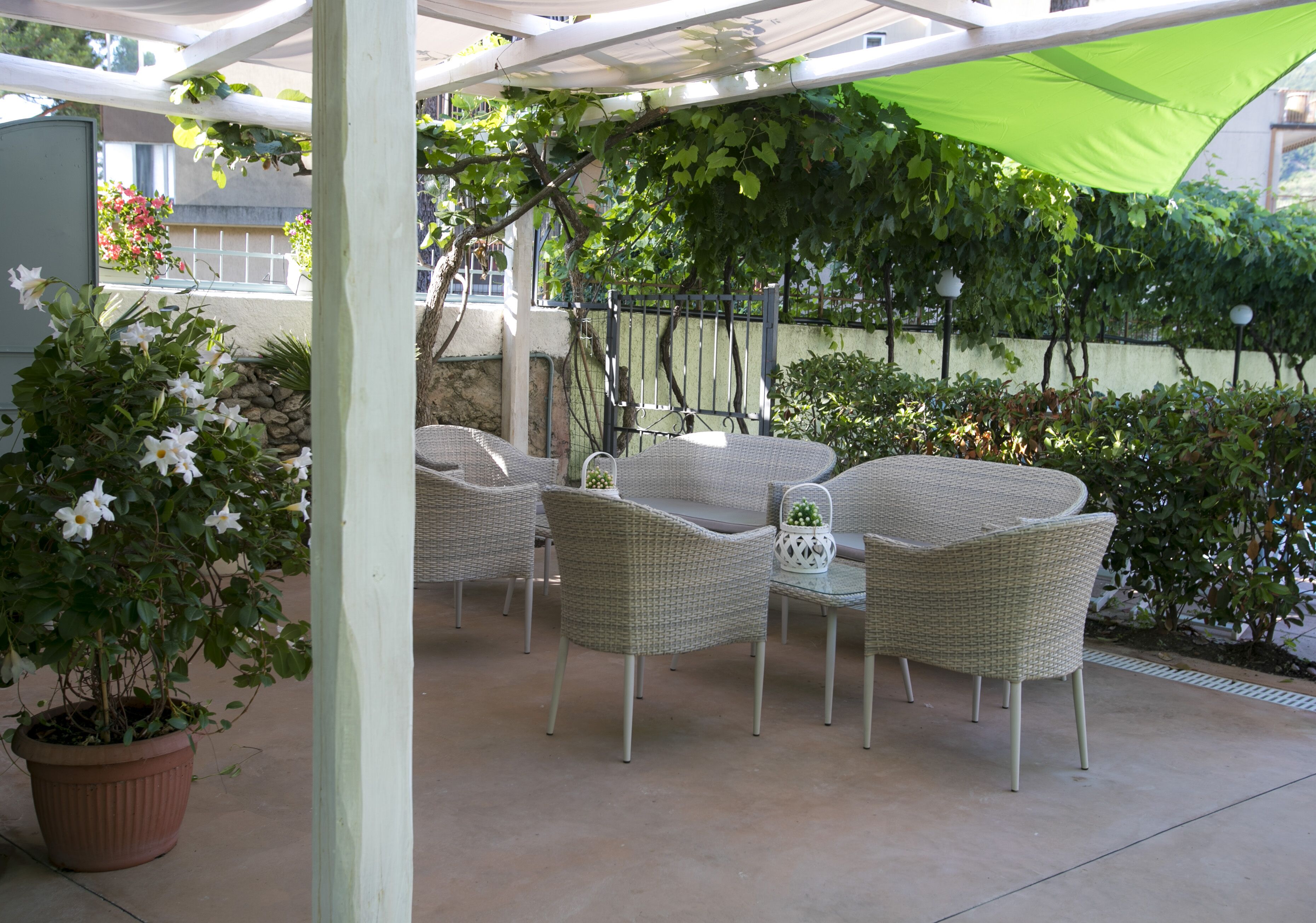 An outdoor patio with wicker furniture, a potted plant, and a green canopy.