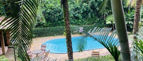 Una piscina rodeada de exuberante vegetación y palmeras.
