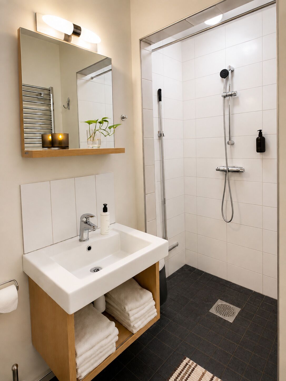 Ein modernes Badezimmer mit Waschbecken, Spiegel und Dusche.