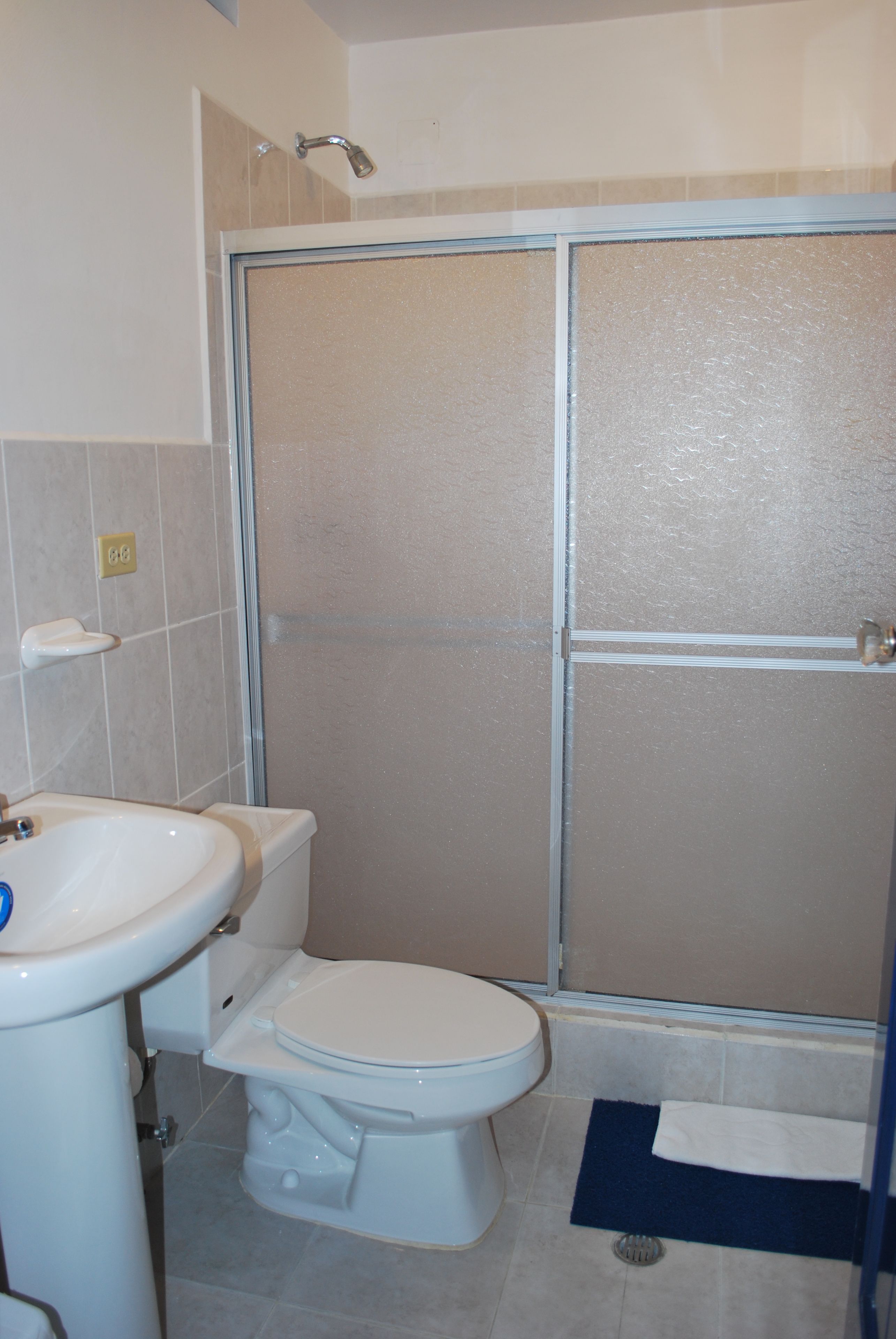 A bathroom with a toilet, sink, and a glass shower enclosure.