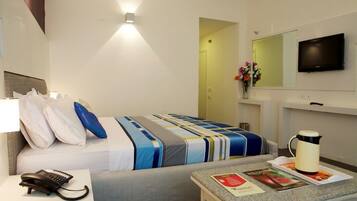 Premium bedding, memory foam beds, desk, blackout drapes