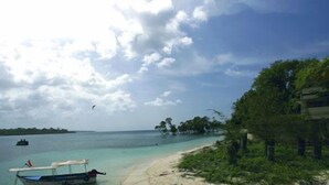 A beach with calm waters, a boat docked near the shore, and a line of trees on the right. - Symphony Palms Beach Resort (Port Blair)