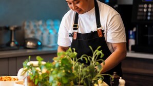 A chef in a kitchen with a coffee machine, pots, and a potted plant on the counter. - Dosłońce Resort Wellness & Farm (Raclawice)