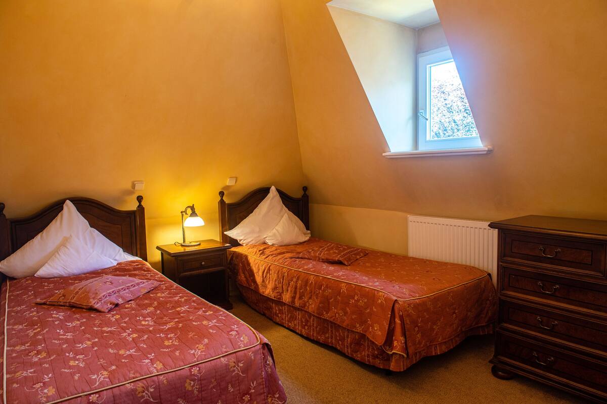 Une chambre avec deux lits simples, une table de chevet avec une lampe, une commode et un puits de lumière.