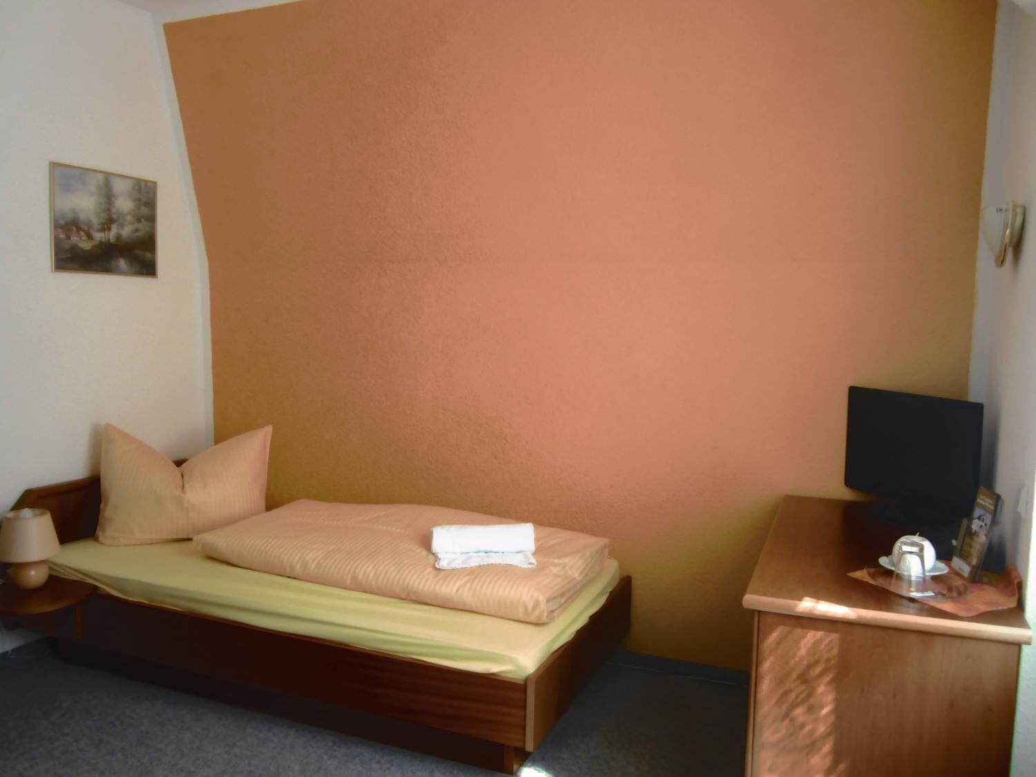 Habitación individual con una cama y cabecera de madera, mesita de noche con lámpara y un escritorio pequeño con televisor.