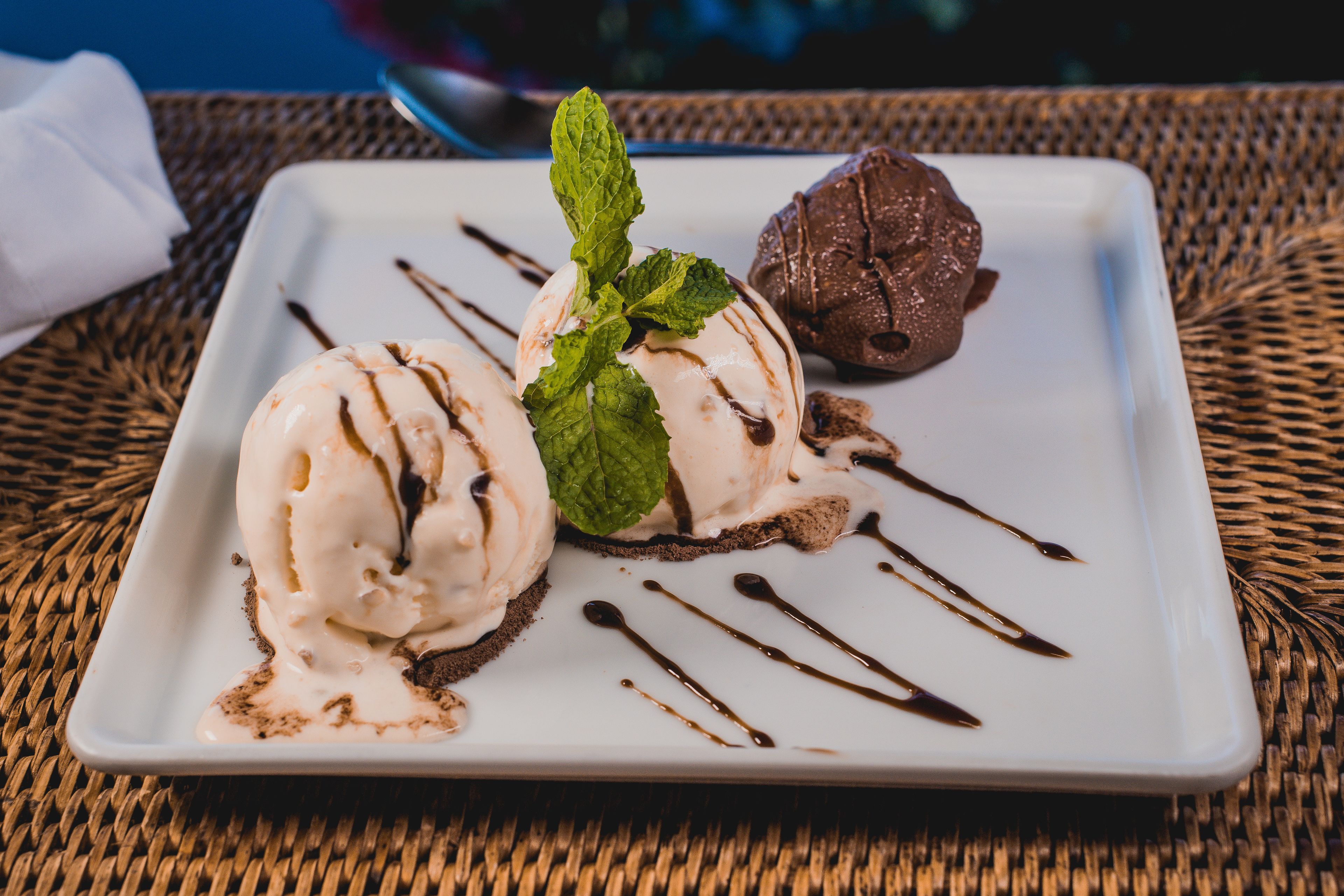 A dessert plate with two scoops of ice cream and a chocolate dessert, garnished with mint leaves and chocolate drizzle, on a white plate.
