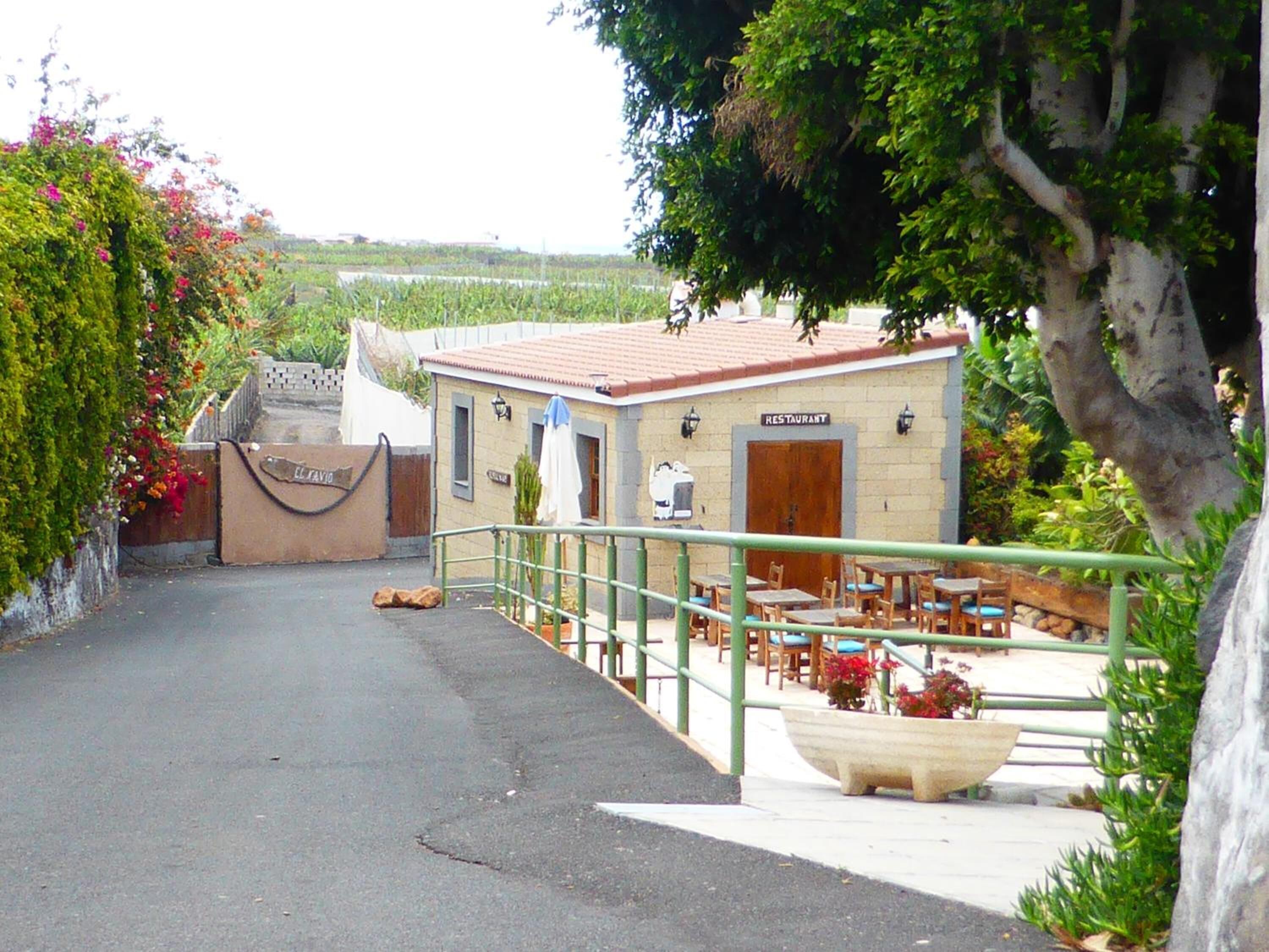 A restaurant with outdoor seating, a stone wall, and a view of the surrounding greenery.