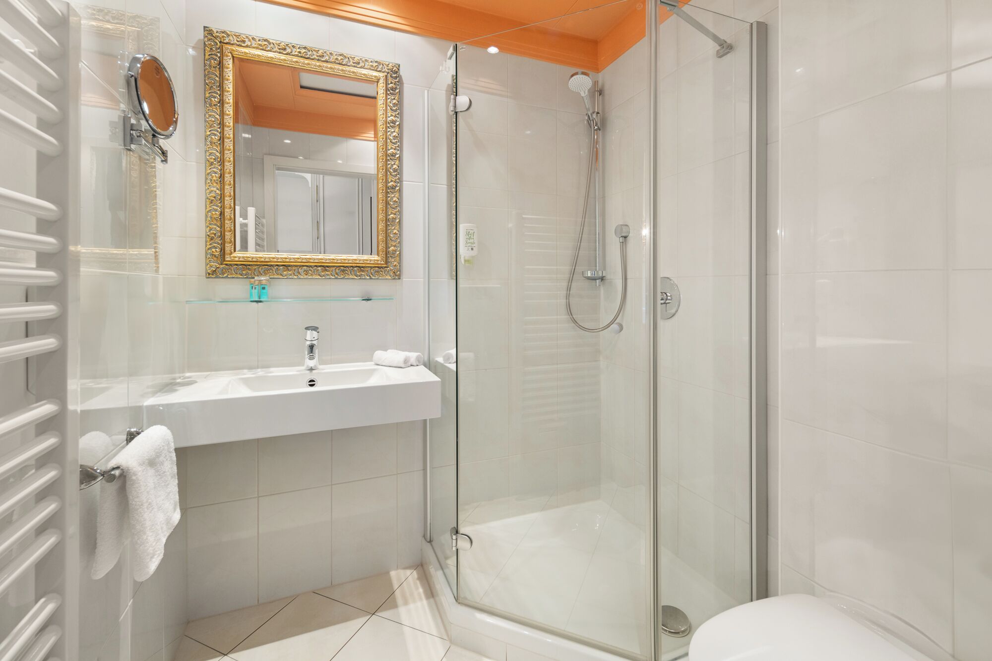 Un baño moderno con ducha de vidrio, un lavabo blanco con espejo de marco dorado y un estante de vidrio sobre el lavabo.