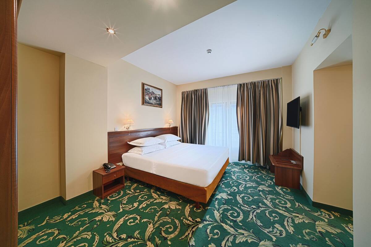 Habitación de hotel con cama, mesita de noche, televisor, ventana con cortinas y alfombra estampada.