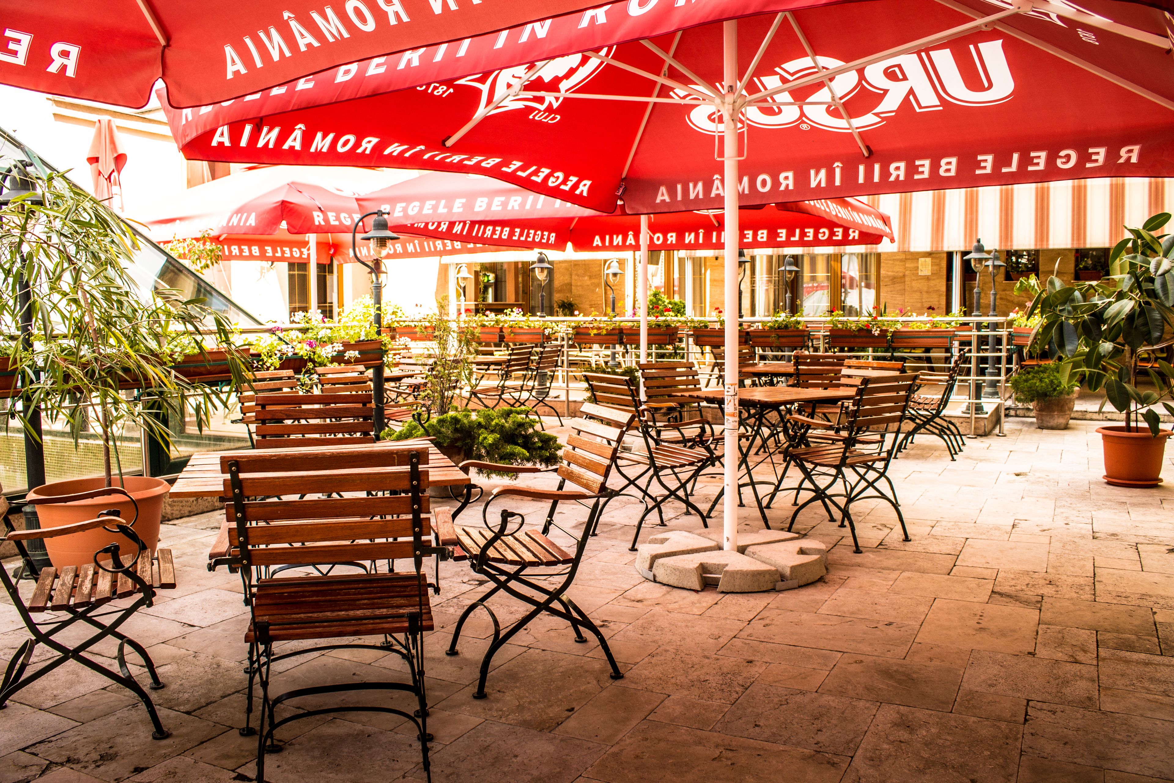 An outdoor café with wooden benches and red umbrellas, surrounded by potted plants and a tiled floor.